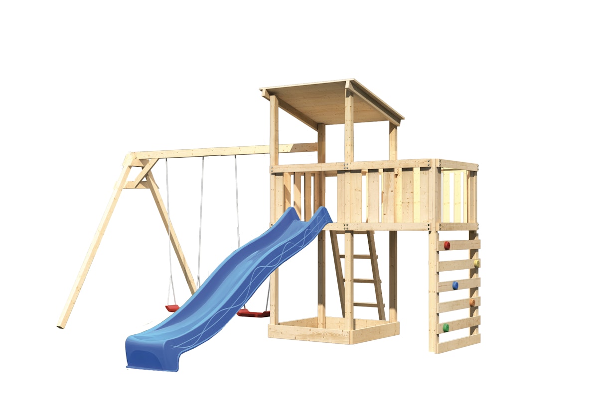 Akubi Kinderspielturm Anna mit Pultdach inkl. Doppelschaukel, Anbauplattform, Wellenrutsche und Kletterwand blau inkl. gratis Akubi Farbsystem & Kuscheltier von Akubi