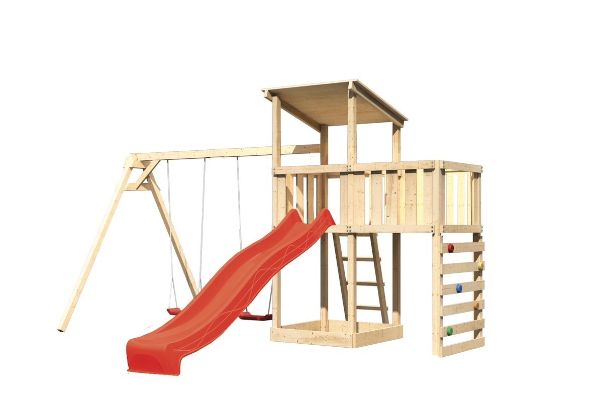 Akubi Kinderspielturm Anna mit Pultdach inkl. Doppelschaukel, Anbauplattform, Wellenrutsche und Kletterwand rot inkl. gratis Akubi Farbsystem & Kuscheltier von Karibu