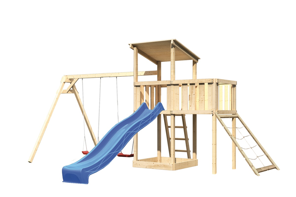 Akubi Kinderspielturm Anna mit Pultdach inkl. Doppelschaukel, Anbauplattform, Wellenrutsche und Netzrampe blau inkl. gratis Akubi Farbsystem & Kuscheltier von Karibu