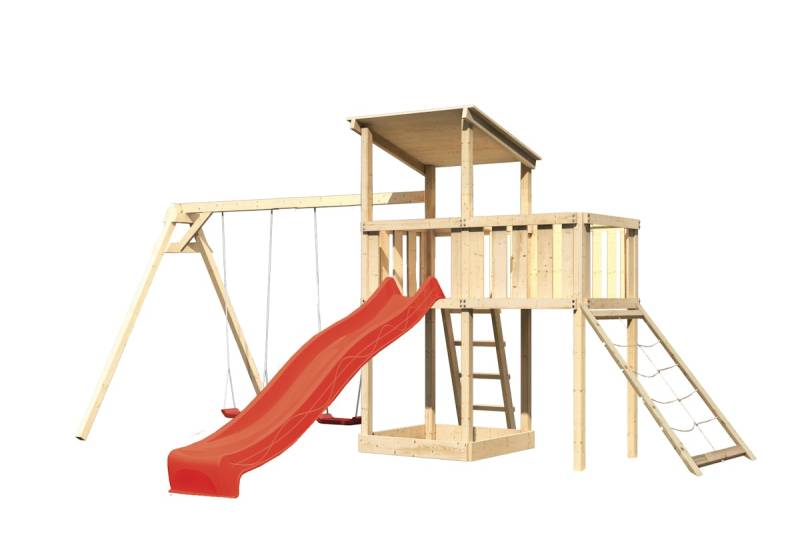 Akubi Kinderspielturm Anna mit Pultdach inkl. Doppelschaukel, Anbauplattform, Wellenrutsche und Netzrampe rot inkl. gratis Akubi Farbsystem & Kuscheltier von Karibu