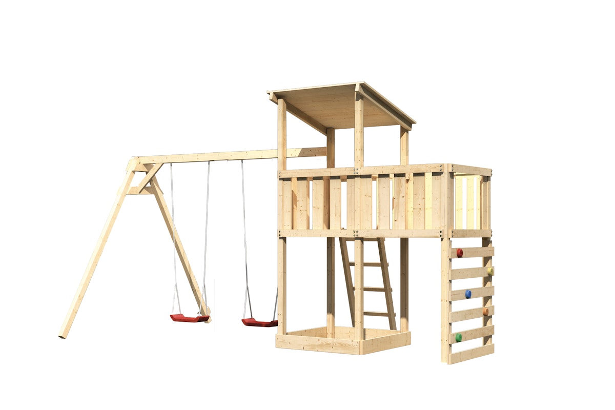 Akubi Kinderspielturm Anna mit Pultdach inkl. Doppelschaukel, Anbauplattform und Kletterwand naturbelassen inkl. gratis Akubi Farbsystem & Kuscheltier von Karibu