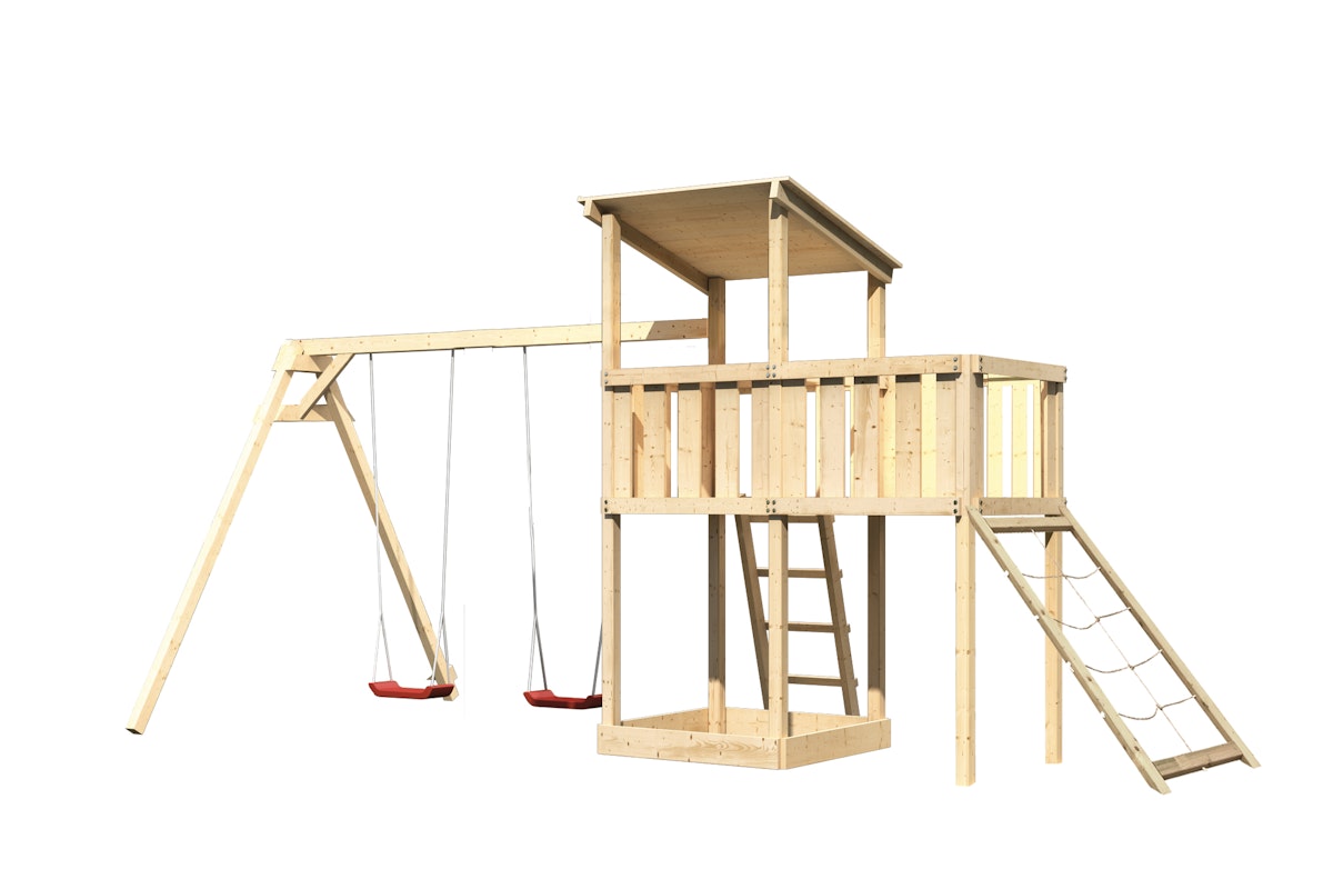 Akubi Kinderspielturm Anna mit Pultdach inkl. Doppelschaukel, Anbauplattform und Netzrampe naturbelassen inkl. gratis Akubi Farbsystem & Kuscheltier von Karibu