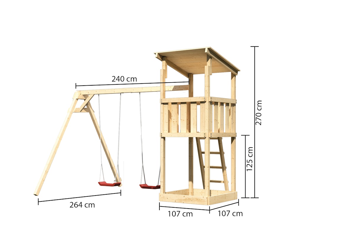 Akubi Kinderspielturm Anna mit Pultdach inkl. Doppelschaukel naturbelassen inkl. gratis Akubi Farbsystem & Kuscheltier von Karibu