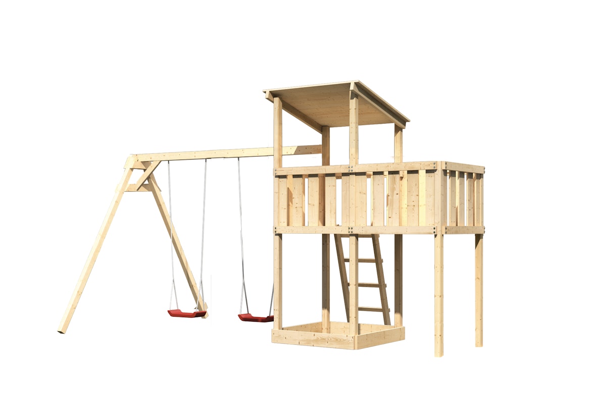 Akubi Kinderspielturm Anna mit Pultdach inkl. Doppelschaukel und Anbauplattform  naturbelassen inkl. gratis Akubi Farbsystem & Kuscheltier von Karibu