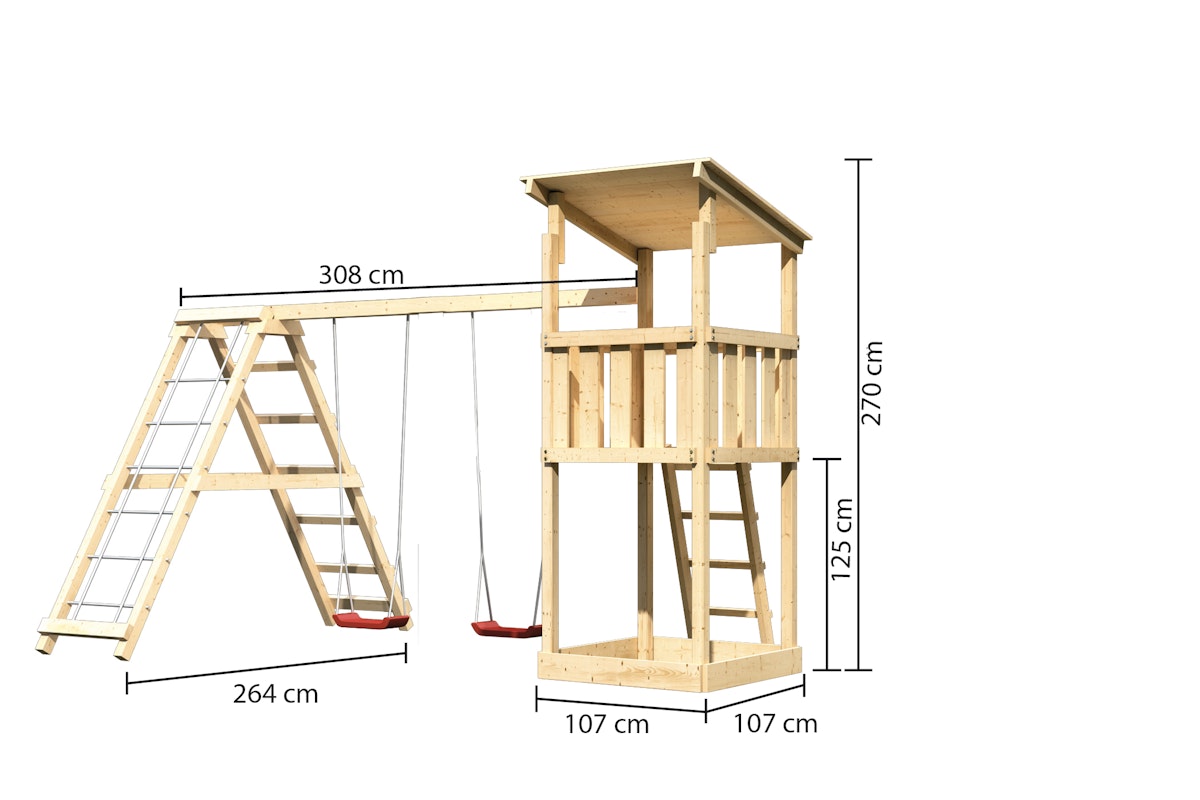 Akubi Kinderspielturm Anna mit Pultdach inkl. Doppelschaukel und Klettergerüst naturbelassen inkl. gratis Akubi Farbsystem & Kuscheltier von Karibu