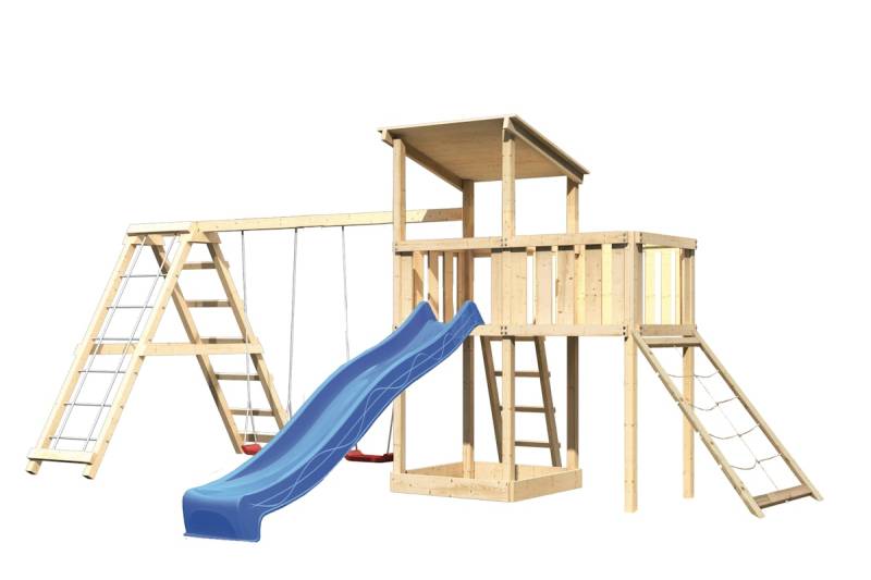 Akubi Kinderspielturm Anna mit Pultdach inkl. Netzrampe, Wellenrutsche, Anbauplattform, Doppelschaukel und Klettergerüst blau von Karibu