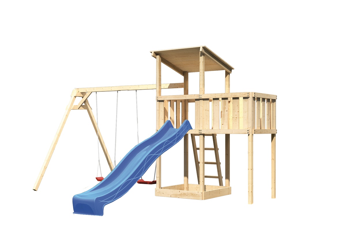 Akubi Kinderspielturm Anna mit Pultdach inkl. Wellenrutsche, Doppelschaukel und Anbauplattform  blau inkl. gratis Akubi Farbsystem & Kuscheltier von Karibu