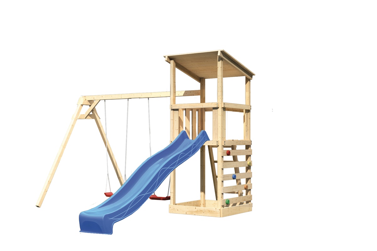 Akubi Kinderspielturm Anna mit Pultdach inkl. Wellenrutsche, Kletterwand und Doppelschaukel blau inkl. gratis Akubi Farbsystem & Kuscheltier von Karibu