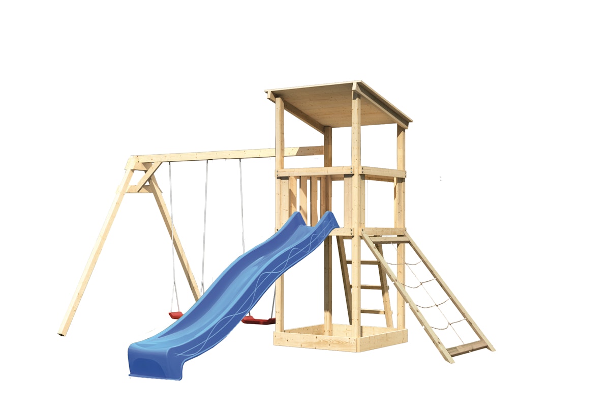 Akubi Kinderspielturm Anna mit Pultdach inkl. Wellenrutsche, Netzrampe und Doppelschaukel blau inkl. gratis Akubi Farbsystem & Kuscheltier von Karibu