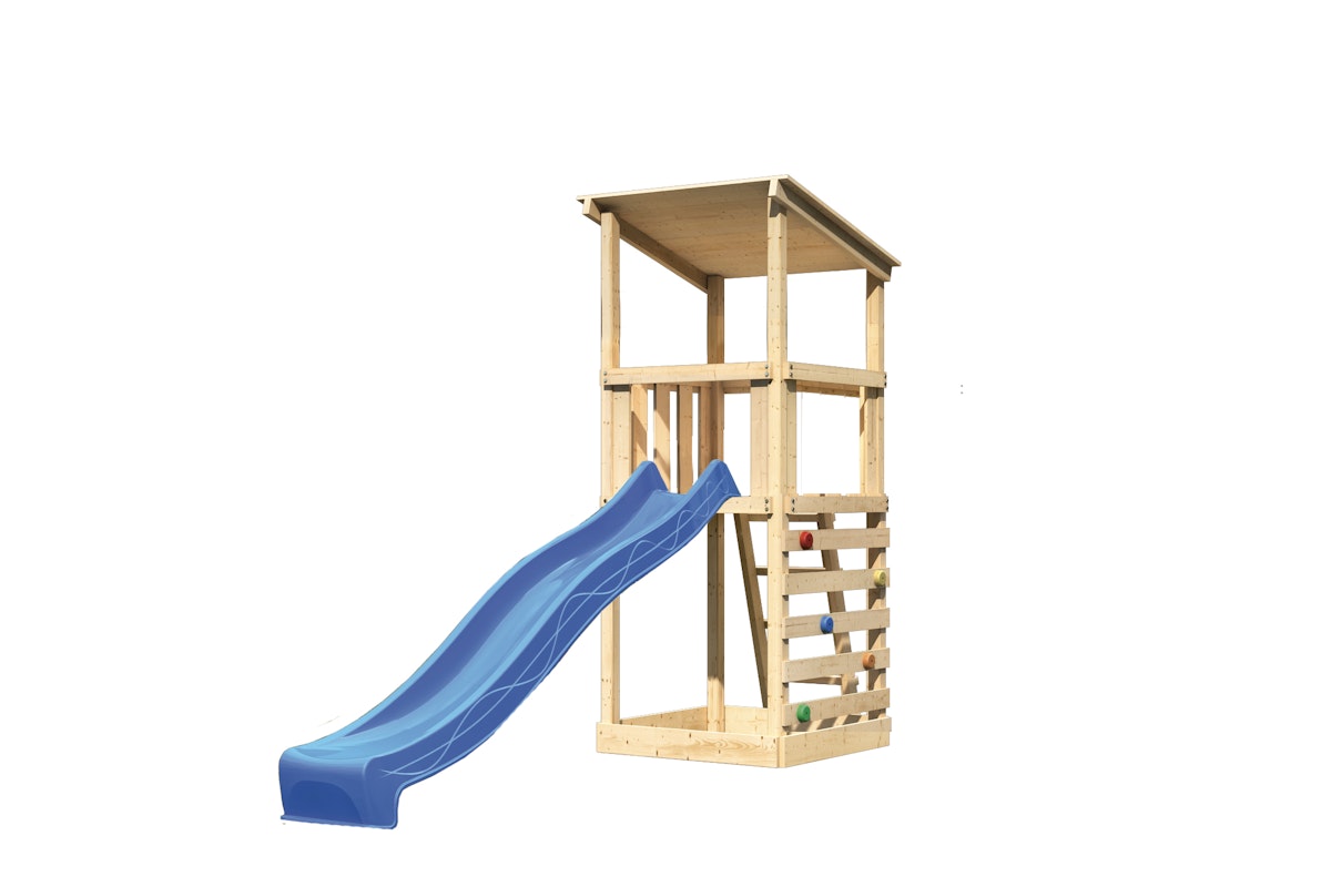 Akubi Kinderspielturm Anna mit Pultdach inkl. Wellenrutsche und Kletterwand  blau inkl. gratis Akubi Farbsystem & Kuscheltier von Karibu