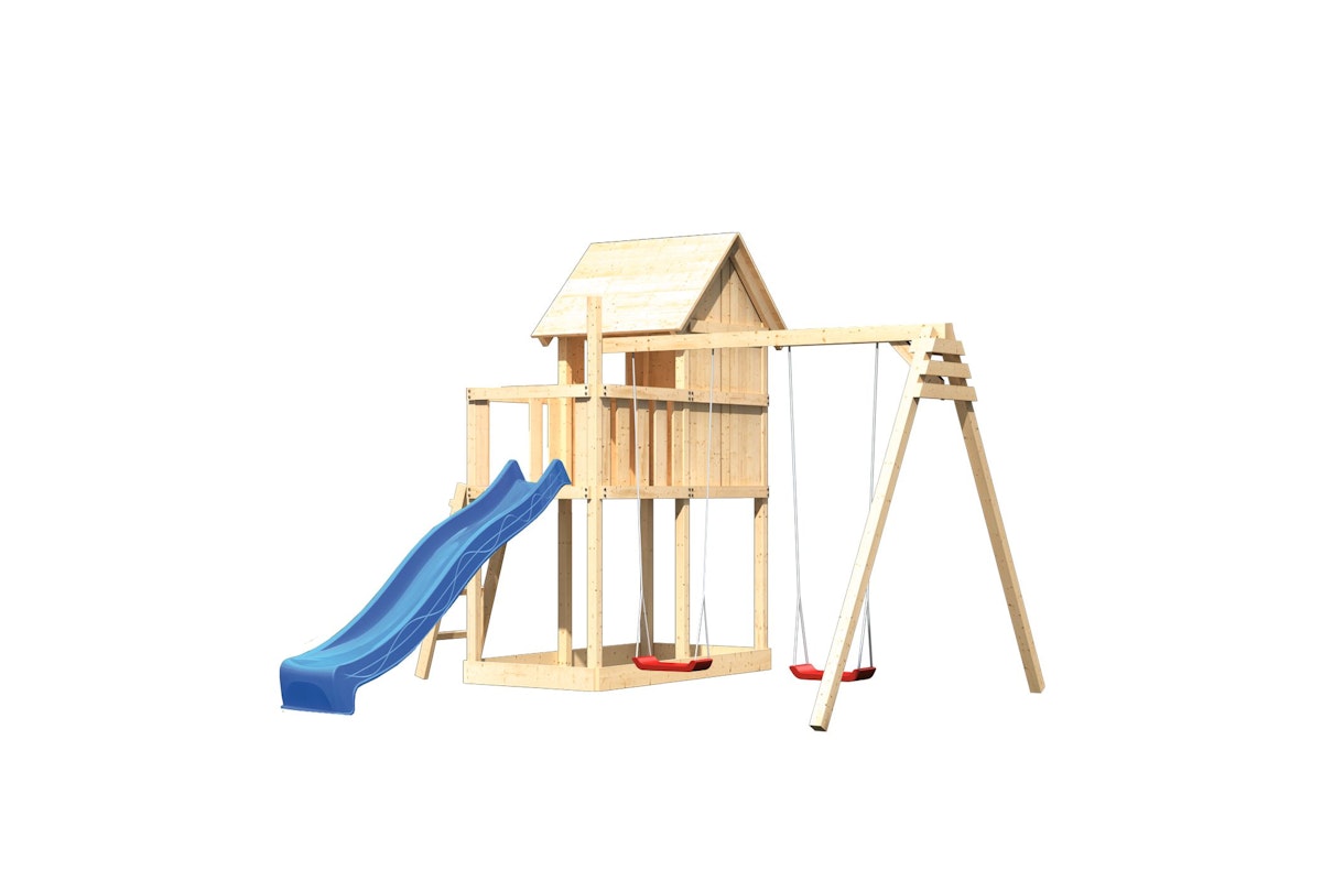 Akubi Kinderspielturm Frieda mit Anbau, Rutsche und Doppelschaukelanbau (Set B)-blau inkl. gratis Akubi Farbsystem & Kuscheltier von Akubi