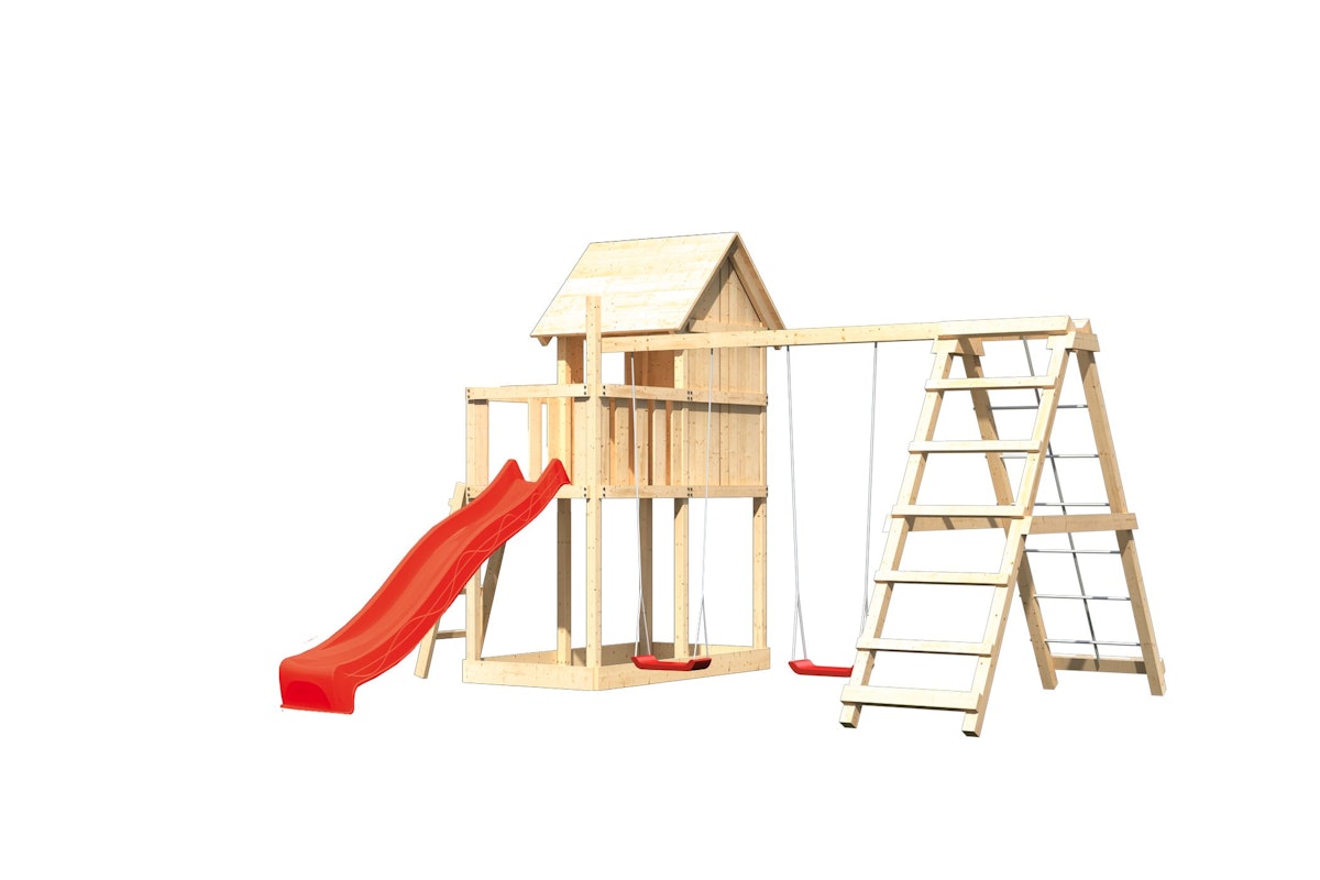 Akubi Kinderspielturm Frieda mit Anbau, Rutsche und Doppelschaukelanbau mit Klettergerüst (Set C)-rot von Karibu