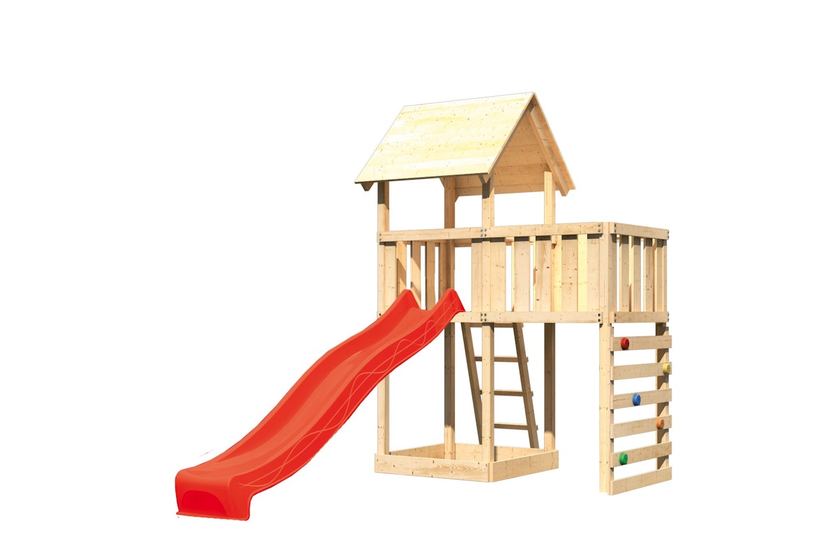 Akubi Kinderspielturm Lotti inkl. Anbauplattform, Rutsche und Kletterwand rot inkl. gratis Akubi Farbsystem & Kuscheltier von Karibu