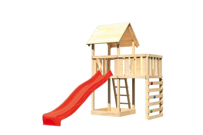 Akubi Kinderspielturm Lotti inkl. Anbauplattform, Rutsche und Kletterwand rot inkl. gratis Akubi Farbsystem & Kuscheltier von Karibu
