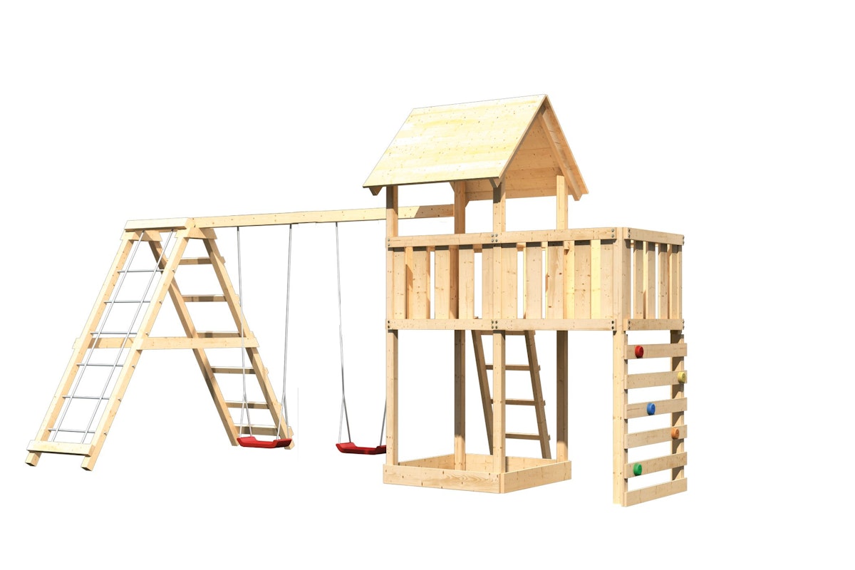 Akubi Kinderspielturm Lotti inkl. Doppelschaukel, Klettergerüst, Anbauplattform und Kletterwand naturbelassen inkl. gratis Akubi Farbsystem & Kuscheltier von Karibu