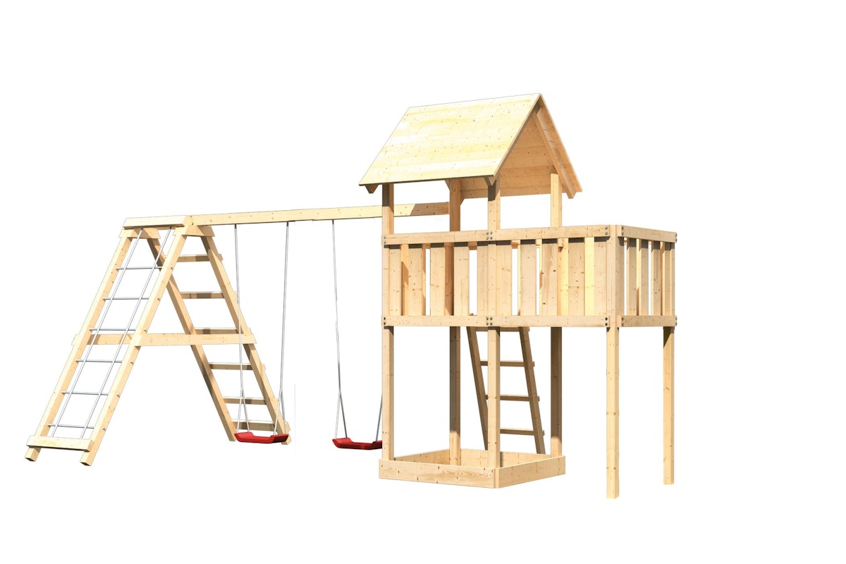 Akubi Kinderspielturm Lotti inkl. Doppelschaukel, Klettergerüst und Anbauplattform naturbelassen von Karibu