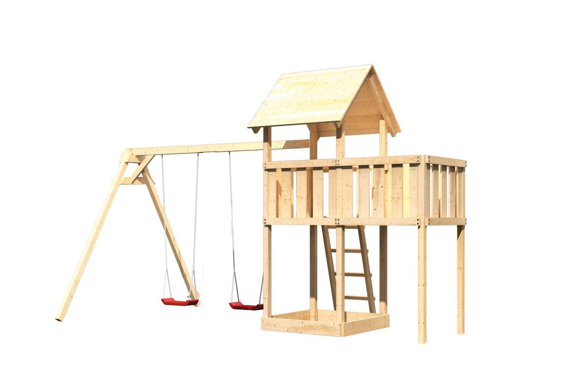 Akubi Kinderspielturm Lotti inkl. Doppelschaukel und Anbauplattform naturbelassen inkl. gratis Akubi Farbsystem & Kuscheltier von Karibu