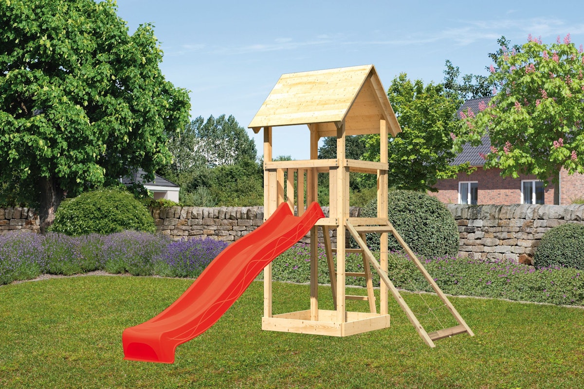 Akubi Kinderspielturm Lotti inkl. Netzrampe und Rutsche rot inkl. gratis Akubi Farbsystem & Kuscheltier von Karibu