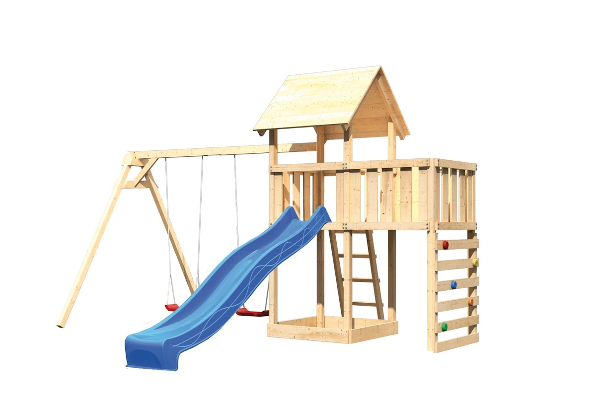 Akubi Kinderspielturm Lotti mit Satteldach inkl. Wellenrutsche, Doppelschaukelanbau, Anbauplattform und Kletterwand blau von Karibu