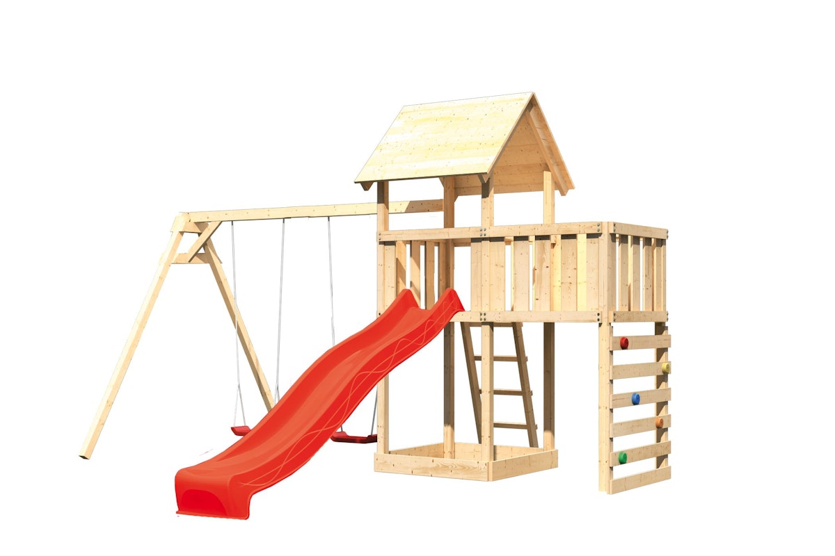 Akubi Kinderspielturm Lotti mit Satteldach inkl. Wellenrutsche, Doppelschaukelanbau, Anbauplattform und Kletterwand rot inkl. gratis Akubi Farbsystem & Kuscheltier von Akubi