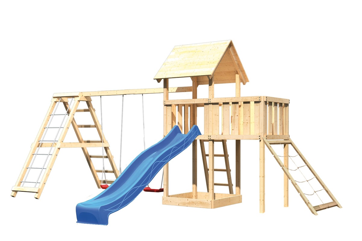 Akubi Kinderspielturm Lotti mit Satteldach inkl. Wellenrutsche, Doppelschaukelanbau, Klettergerüst, Anbauplattform und Netzrampe blau von Karibu