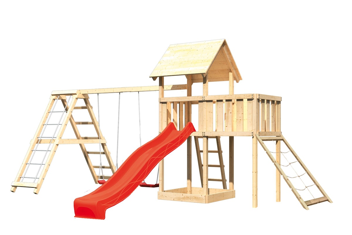 Akubi Kinderspielturm Lotti mit Satteldach inkl. Wellenrutsche, Doppelschaukelanbau, Klettergerüst, Anbauplattform und Netzrampe rot von Karibu