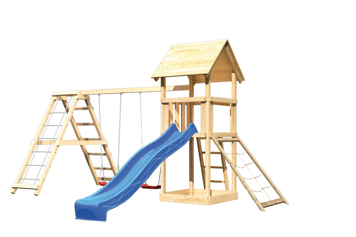 Akubi Kinderspielturm Lotti mit Satteldach inkl. Wellenrutsche, Doppelschaukelanbau, Klettergerüst und Netzrampe blau inkl. gratis Akubi Farbsystem & Kuscheltier von Akubi