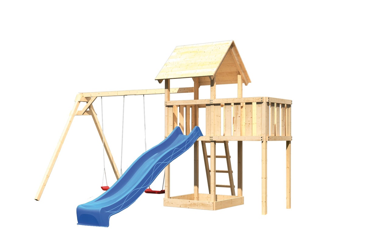 Akubi Kinderspielturm Lotti mit Satteldach inkl. Wellenrutsche, Doppelschaukelanbau und Anbauplattform  blau inkl. gratis Akubi Farbsystem & Kuscheltier von Akubi