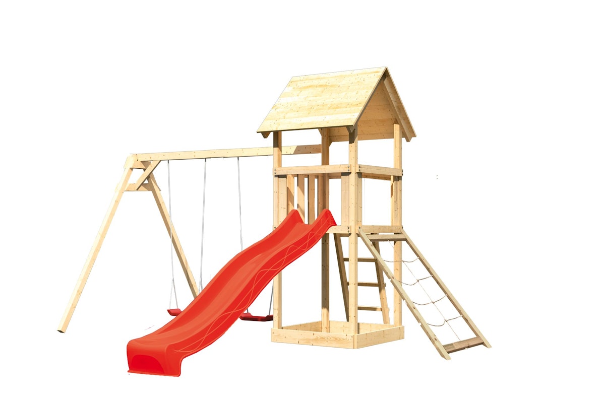 Akubi Kinderspielturm Lotti mit Satteldach inkl. Wellenrutsche, Doppelschaukelanbau und Netzrampe rot inkl. gratis Akubi Farbsystem & Kuscheltier von Akubi