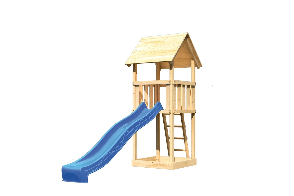 Akubi Kinderspielturm Lotti mit Satteldach inkl. Wellenrutsche (Set A)-blau inkl. gratis Akubi Farbsystem & Kuscheltier von Karibu