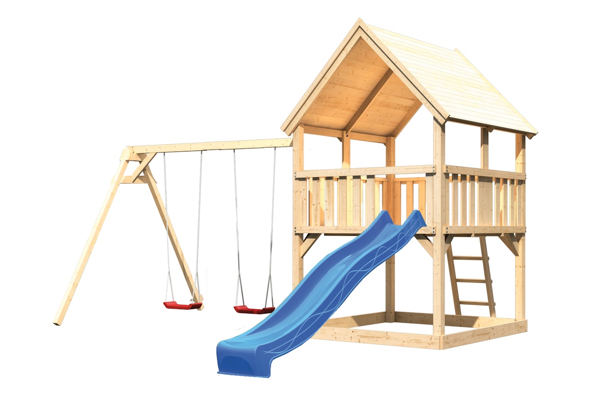 Akubi Kinderspielturm Luis inkl. Wellenrutsche und Doppelschaukelanbau (Set B)-blau inkl. gratis Akubi Farbsystem & Kuscheltier von Akubi