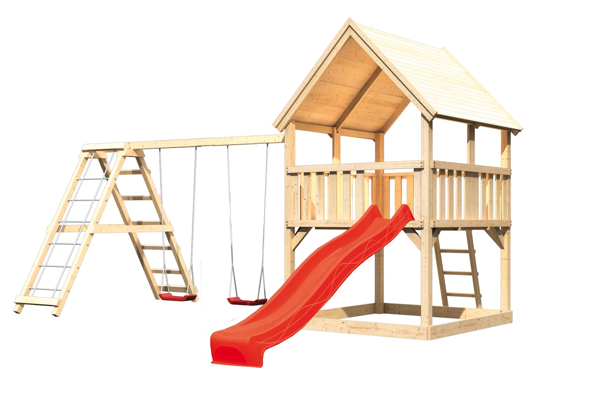 Akubi Kinderspielturm Luis inkl. Wellenrutsche und Doppelschaukelanbau mit Klettergerüst (Set C)-rot inkl. gratis Akubi Farbsystem & Kuscheltier von Karibu