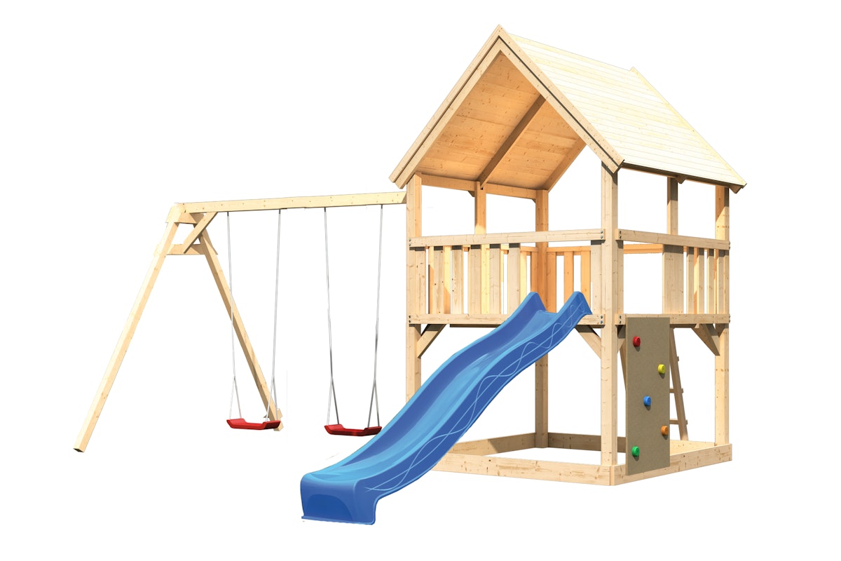 Akubi Kinderspielturm Luis mit Doppelschaukel, Kletterwand und Wellenrutsche blau inkl. gratis Akubi Farbsystem & Kuscheltier von Karibu