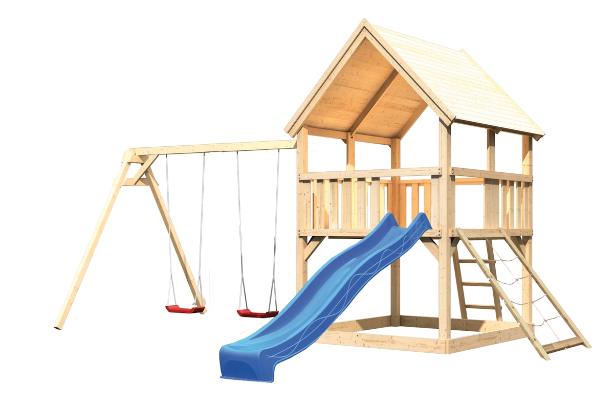 Akubi Kinderspielturm Luis mit Doppelschaukel, Netzrampe und Wellenrutsche blau inkl. gratis Akubi Farbsystem & Kuscheltier von Karibu