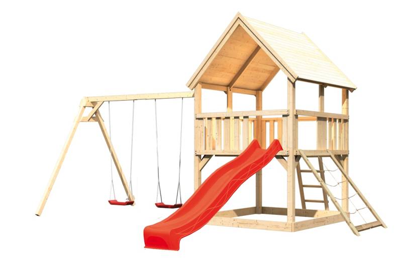 Akubi Kinderspielturm Luis mit Doppelschaukel, Netzrampe und Wellenrutsche rot inkl. gratis Akubi Farbsystem & Kuscheltier von Karibu