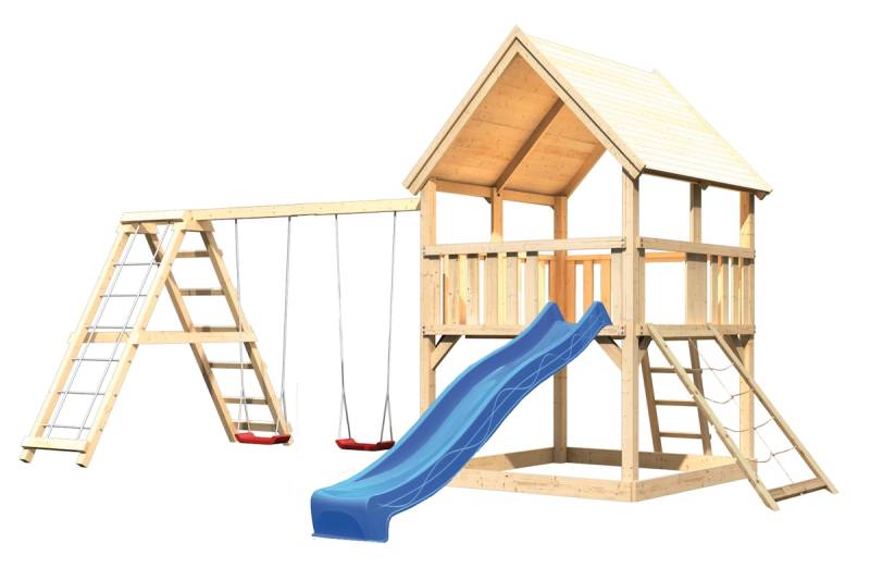 Akubi Kinderspielturm Luis mit Doppelschaukelklettergerüst, Netzrampe und Wellenrutsche blau von Karibu