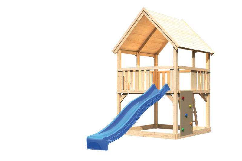 Akubi Kinderspielturm Luis mit Wellenrutsche blau und Kletterwand von Karibu