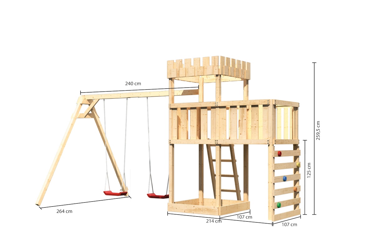 Akubi Kinderspielturm Ritterburg Löwenherz inkl. Doppelschaukelanbau, Anbauplattform und Kletterwand naturbelassen inkl. gratis Akubi Farbsystem & Kuscheltier von Akubi