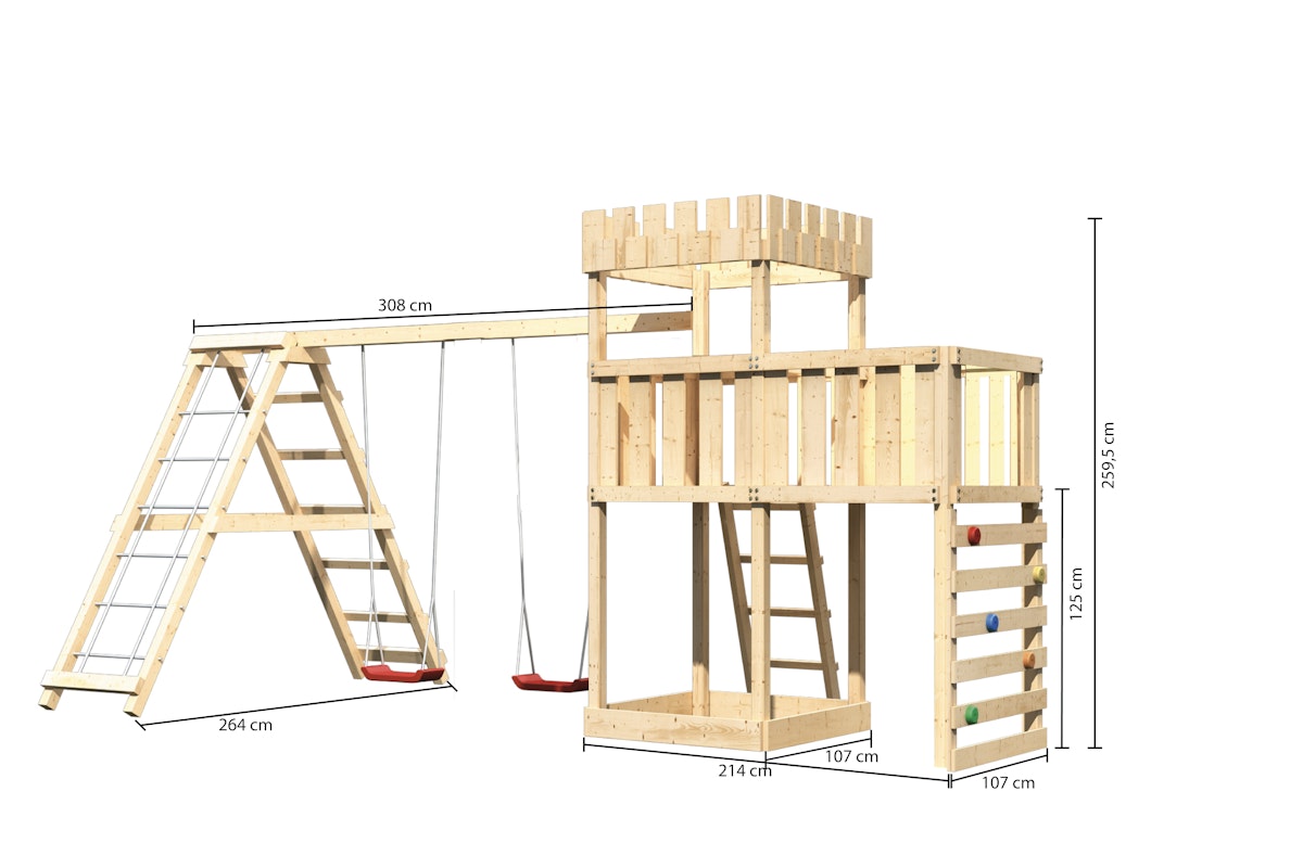 Akubi Kinderspielturm Ritterburg Löwenherz inkl. Doppelschaukelanbau, Klettergerüst, Anbauplattform und Kletterwand naturbelassen von Karibu