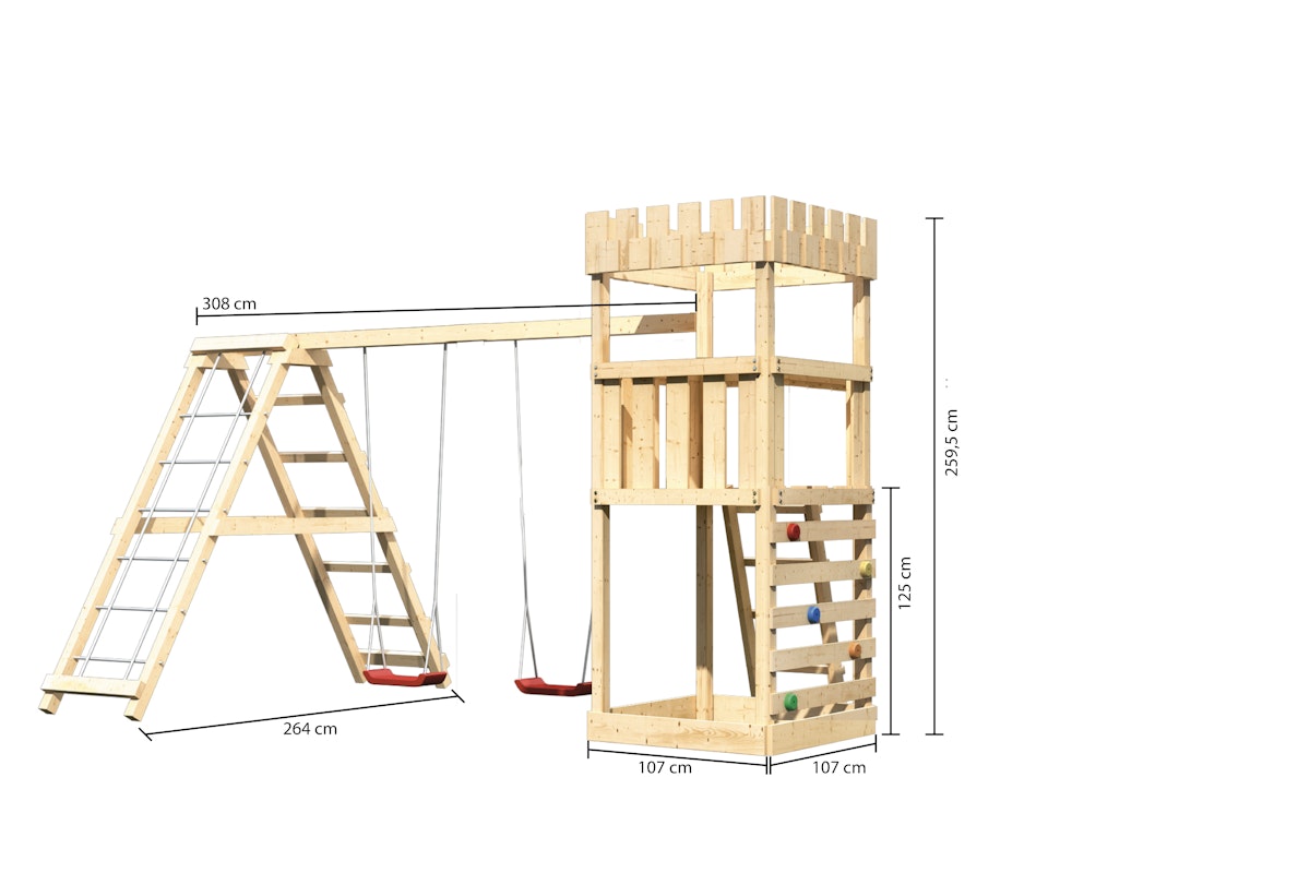 Akubi Kinderspielturm Ritterburg Löwenherz inkl. Doppelschaukelanbau, Klettergerüst und Kletterwand naturbelassen inkl. gratis Akubi Farbsystem & Kuscheltier von Akubi