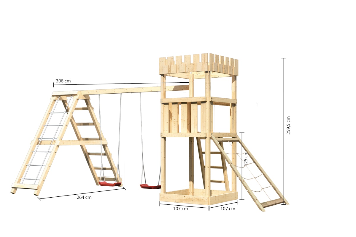 Akubi Kinderspielturm Ritterburg Löwenherz inkl. Doppelschaukelanbau mit Klettergerüst und Netzrampe naturbelassen von Karibu