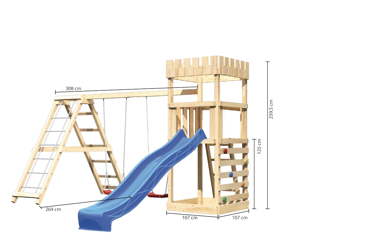 Akubi Kinderspielturm Ritterburg Löwenherz inkl. Wellenrutsche, Doppelschaukelanbau, Klettergerüst und Kletterwand blau inkl. gratis Akubi Farbsystem & Kuscheltier von Karibu