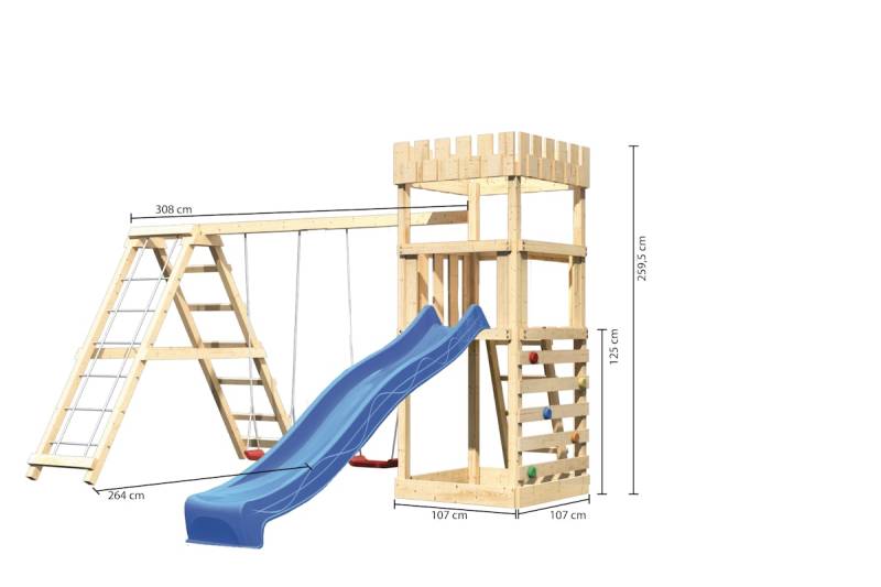 Akubi Kinderspielturm Ritterburg Löwenherz inkl. Wellenrutsche, Doppelschaukelanbau, Klettergerüst und Kletterwand blau inkl. gratis Akubi Farbsystem & Kuscheltier von Karibu