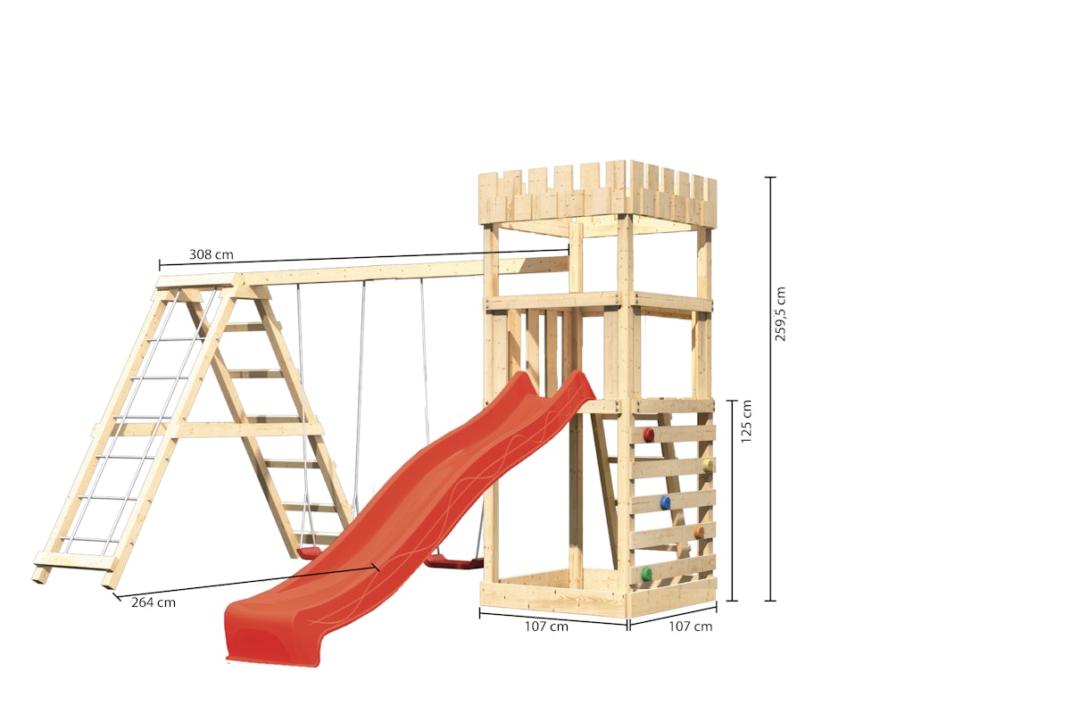 Akubi Kinderspielturm Ritterburg Löwenherz inkl. Wellenrutsche, Doppelschaukelanbau, Klettergerüst und Kletterwand rot inkl. gratis Akubi Farbsystem & Kuscheltier von Akubi