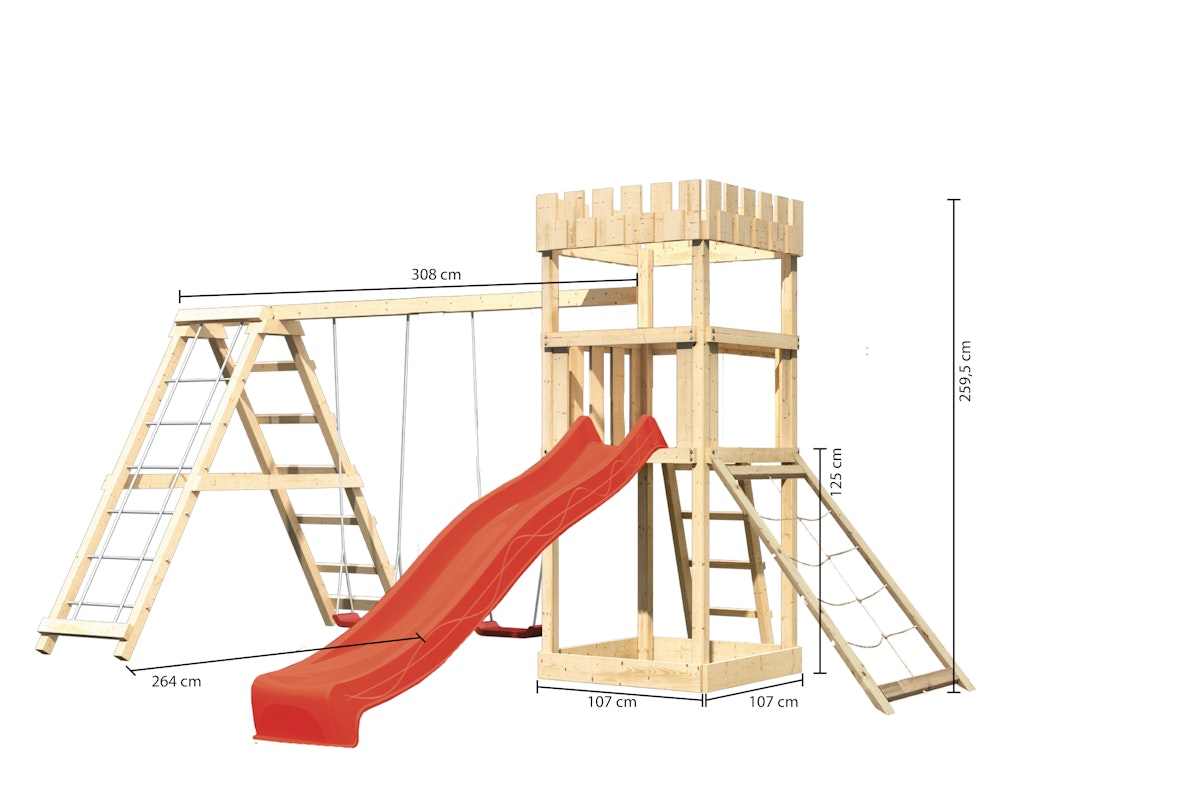 Akubi Kinderspielturm Ritterburg Löwenherz inkl. Wellenrutsche, Doppelschaukelanbau , Klettergerüst und Netzrampe rot von Karibu