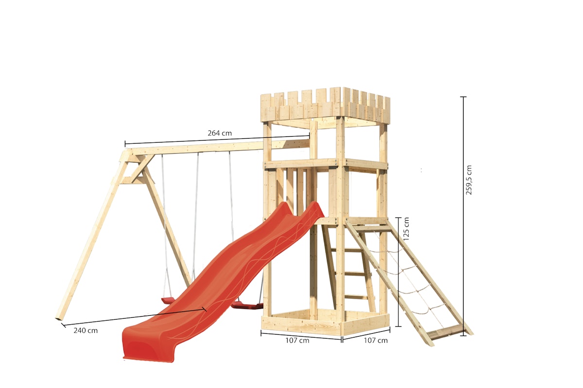 Akubi Kinderspielturm Ritterburg Löwenherz inkl. Wellenrutsche, Doppelschaukelanbau und Netzrampe rot inkl. gratis Akubi Farbsystem & Kuscheltier von Akubi