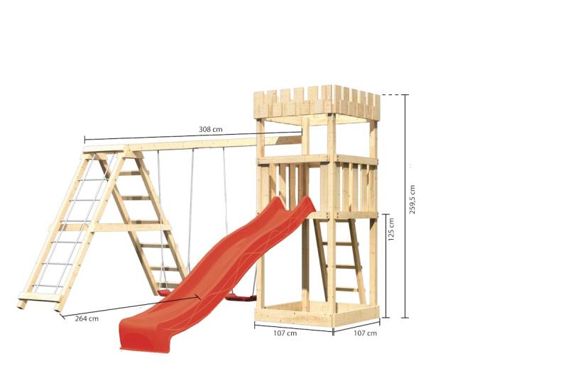 Akubi Kinderspielturm Ritterburg Löwenherz inkl. Wellenrutsche und Doppelschaukelanbau mit Klettergerüst rot inkl. gratis Akubi Farbsystem & Kuscheltier von Karibu