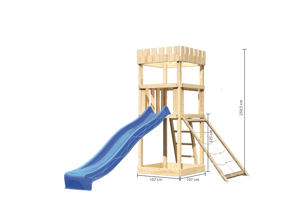 Akubi Kinderspielturm Ritterburg Löwenherz inkl. Wellenrutsche und Netzrampe blau inkl. gratis Akubi Farbsystem & Kuscheltier von Karibu