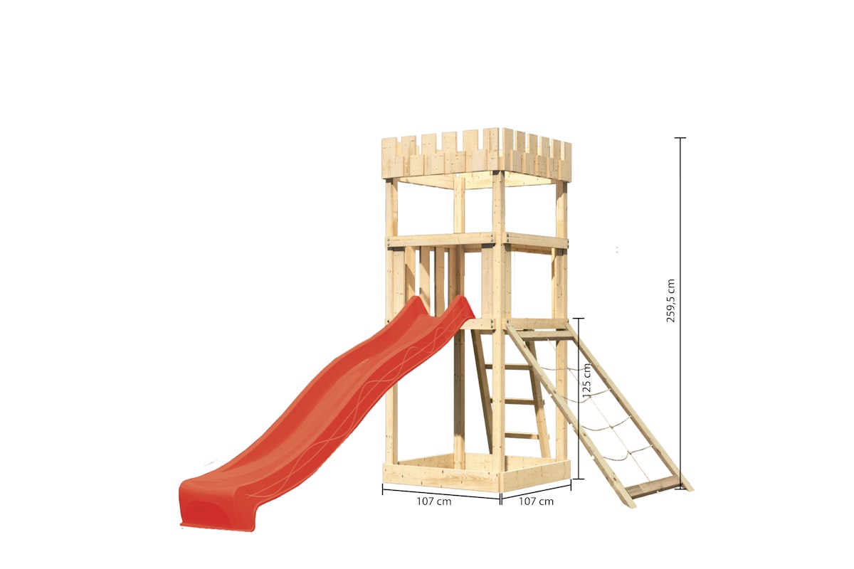 Akubi Kinderspielturm Ritterburg Löwenherz inkl. Wellenrutsche und Netzrampe rot inkl. gratis Akubi Farbsystem & Kuscheltier von Karibu