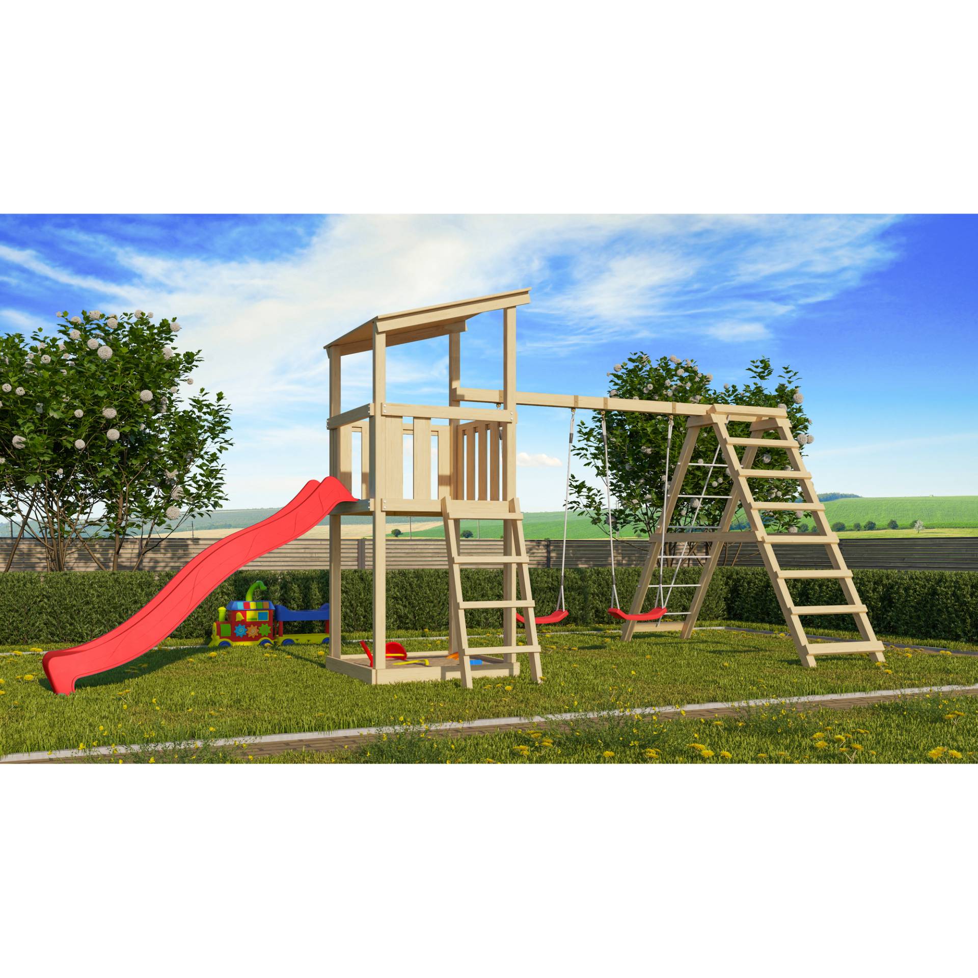 Akubi Spielturm 'Anna' Doppelschaukel, Klettergerüst, Rutsche rot, 415 x 264 x 270 cm Akubi Spielturm 'Anna' Doppelschaukel, Klettergerüst, Rutsche rot, 415 x 264 x 270 cm von Akubi